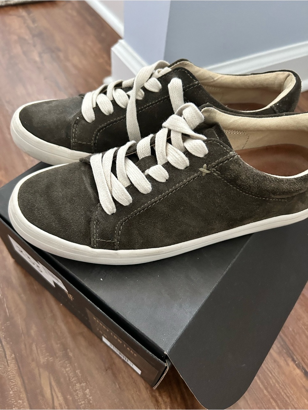 Frye Olive Green Suede Low-Top Sneakers with Cream Laces